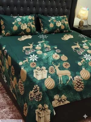 Green Printed Cotton Bedsheet Set for Double Bed