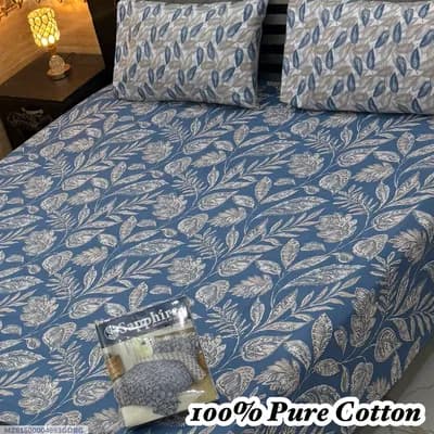 100% Pure Cotton Blue Floral Bedsheet Set Double Bed