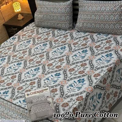 100% Pure Cotton Printed Bedsheet Set Double Bed Grey