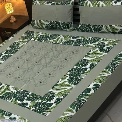 Green Tropical Leaf Patchwork Cotton Bedsheet Set for Double Bed