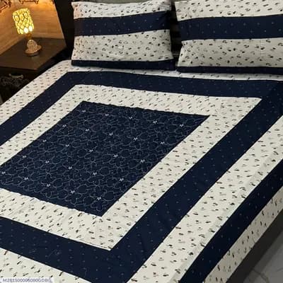 Blue Cotton Patchwork Double Bedsheet Set 3 Pcs