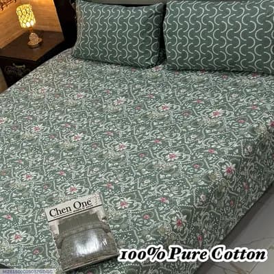 Green Printed Cotton Double Bedsheet Set 3 Pcs