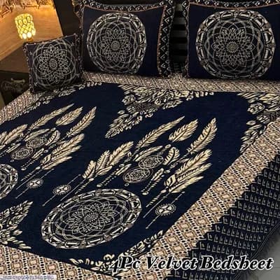 4 Pcs Velvet Jacquard Embroidered Double Bedsheet