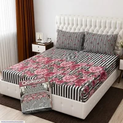 3 Pcs Cotton Salonica Printed Double Bedsheet