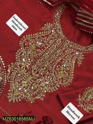Red Embroidered 3-Piece Katan Silk Suit for Weddings