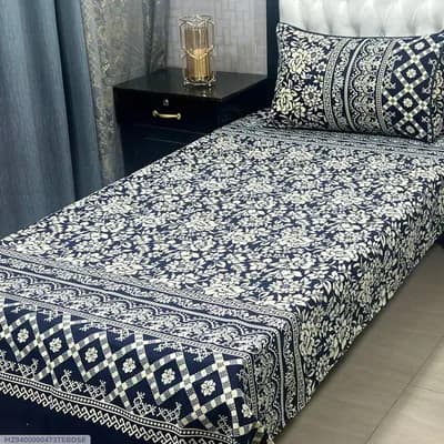Blue Printed Crystal Cotton Single Bedsheet Set with Pillow Cover