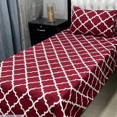 Red Printed Crystal Cotton Single Bedsheet Set with Pillow Cover