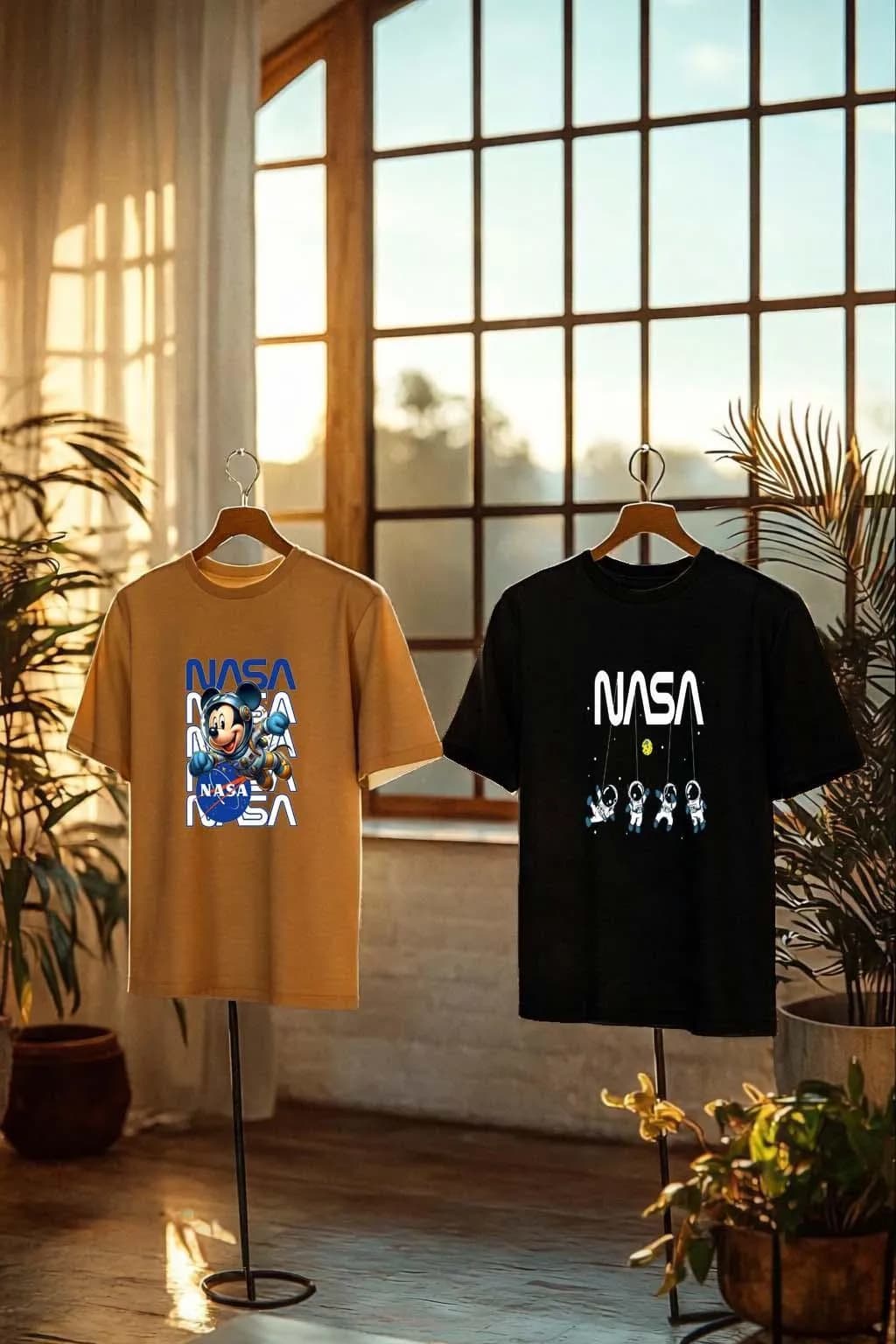 Pack of 2 Kids Graphic T-Shirts | Camel Brown & Black | NASA