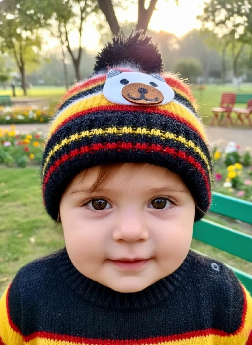 Wool Cap for Kids with Bear Face Striped Design