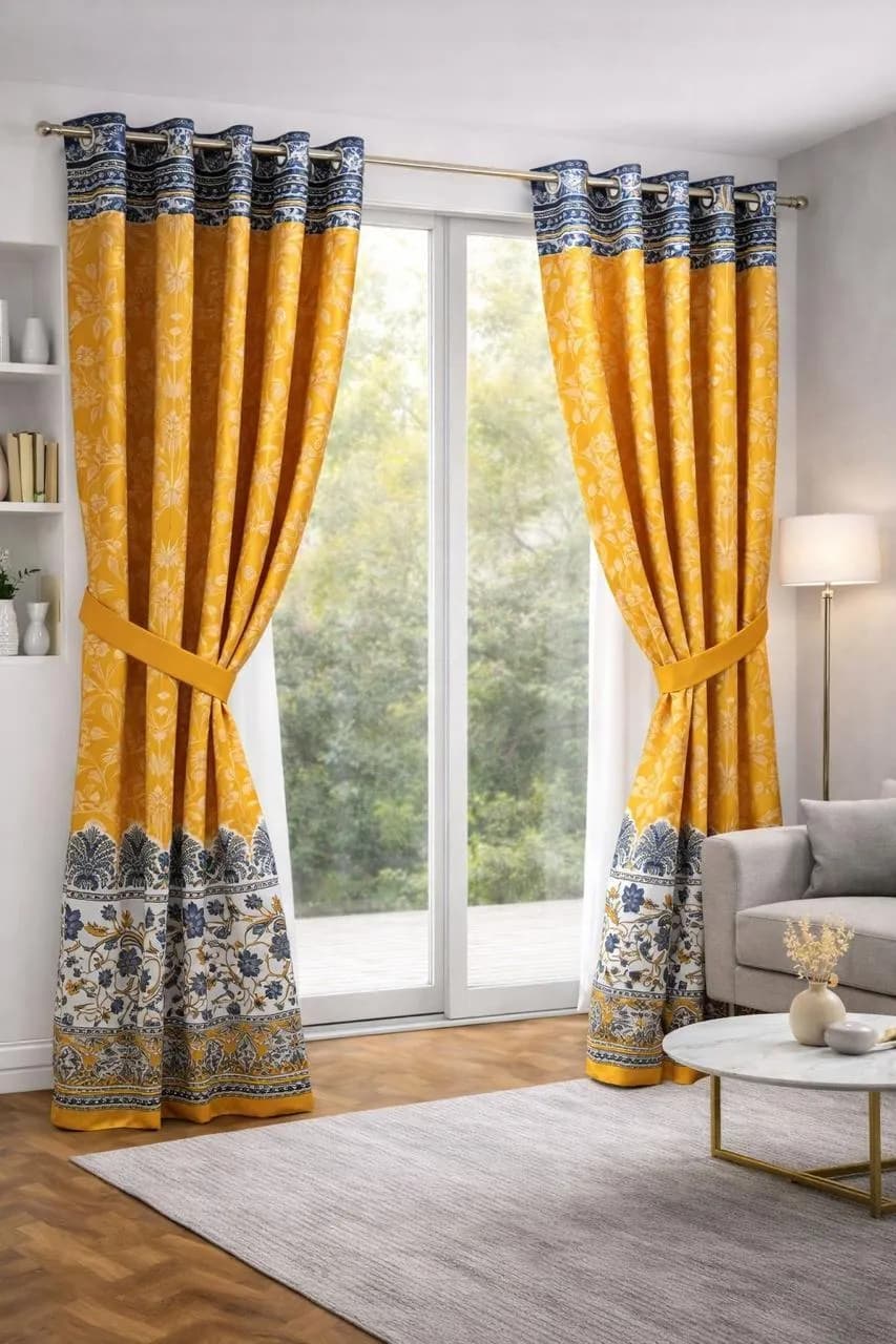 Yellow Printed Cotton Curtains 2 Pcs 100"