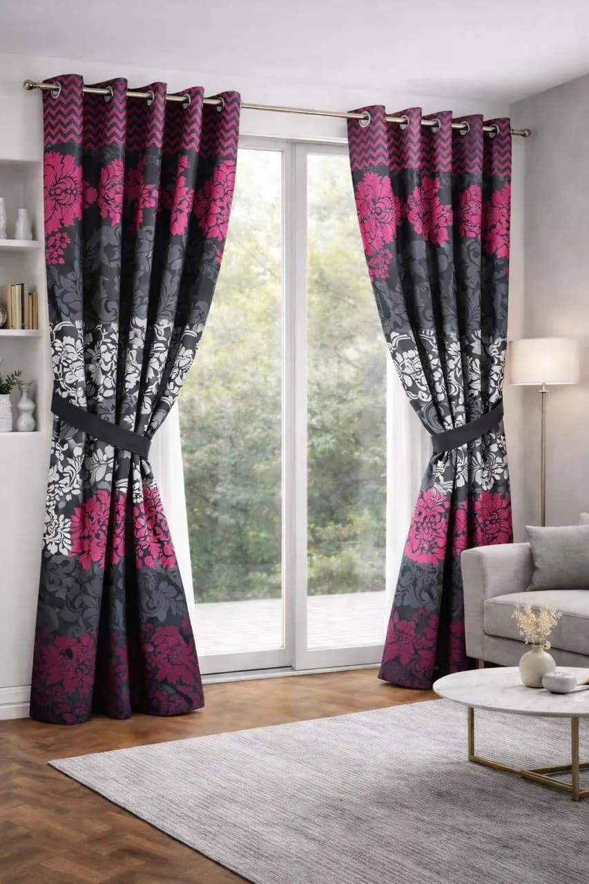 Black Printed Cotton Curtains 2 Pcs 100"
