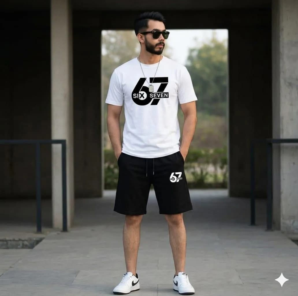2 Pcs Men's Polyester Printed T-Shirt & Shorts Tracksuit