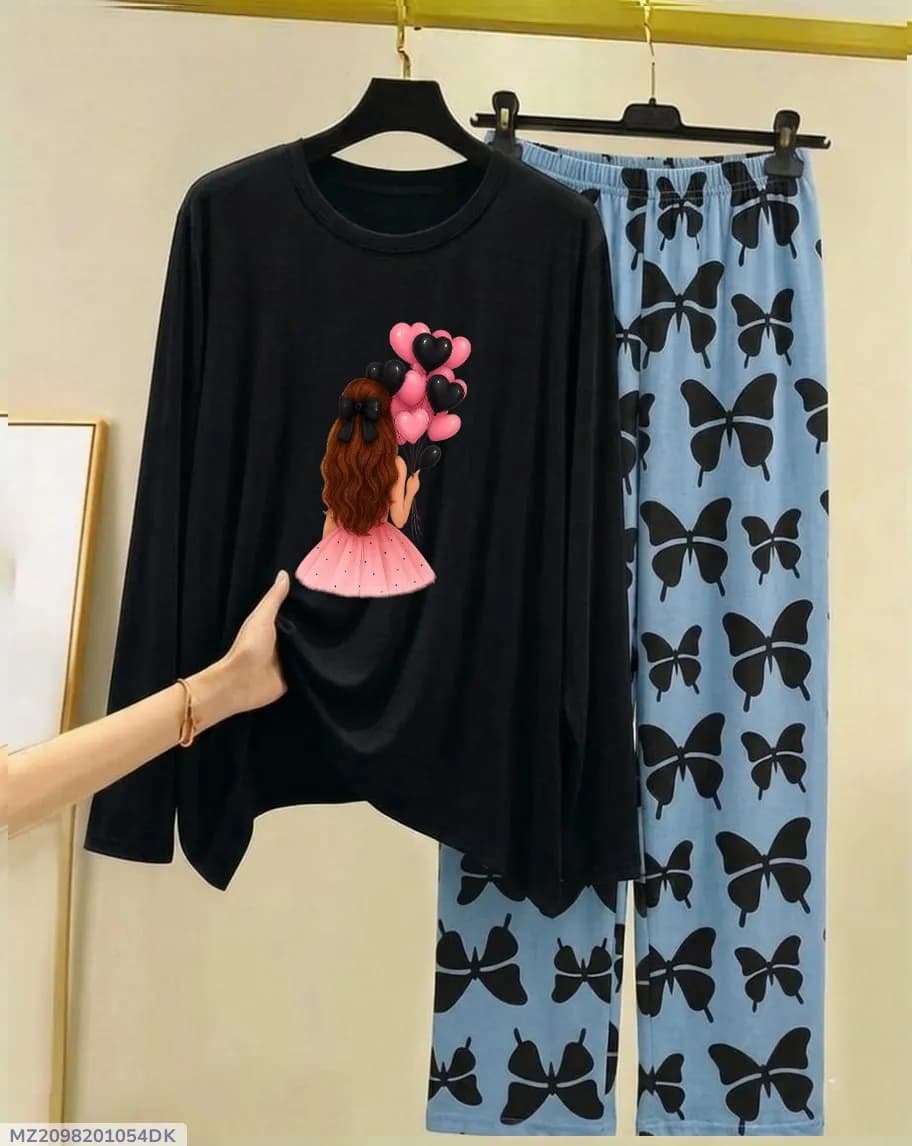 Black Butterfly Print Night Suit for Women