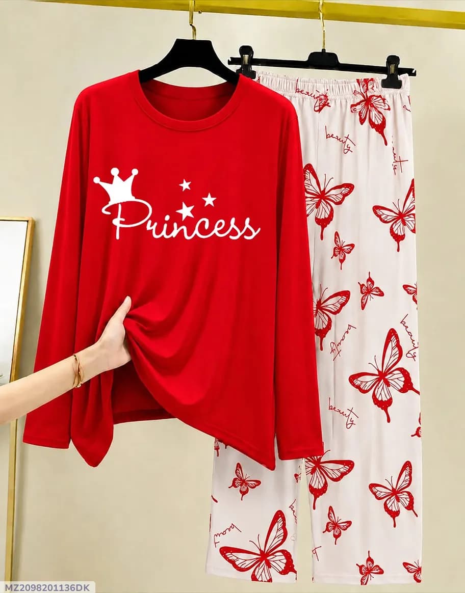 Red Princess Dress Night Suit with Butterfly Pattern