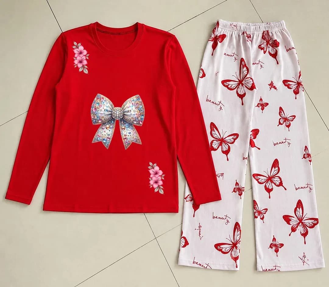 Red Princess Dress Night Suit with Butterfly Pattern