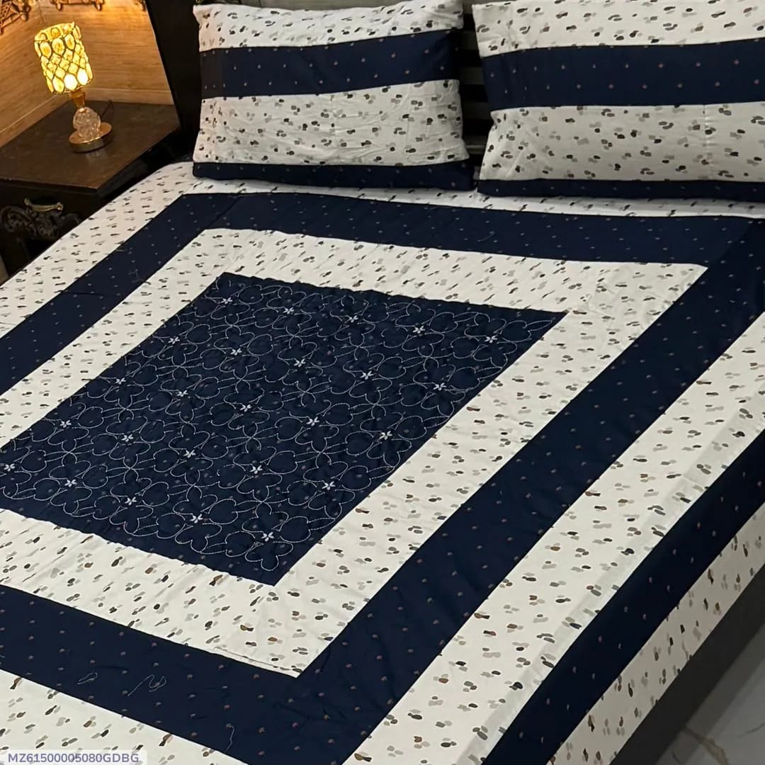 Blue Cotton Patchwork Double Bedsheet Set 3 Pcs
